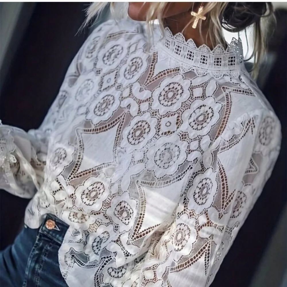 Women's White Lace Romantic Semi Sheer Long Sleeve Blouse Size Large